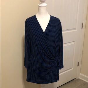 Anne Klein Blue with Black Polka Dot Faux Wrap Blouse